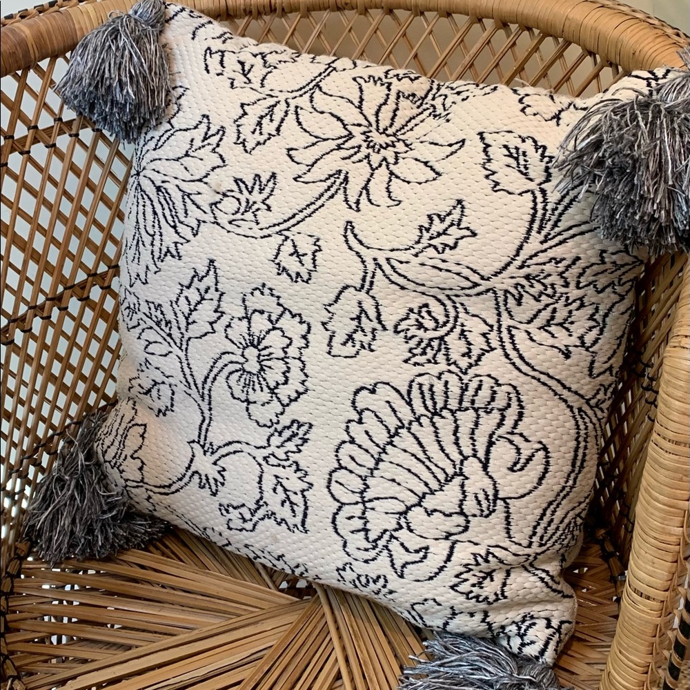 Boho Black & Ivory Square Fringed Tassel Throw Pillow